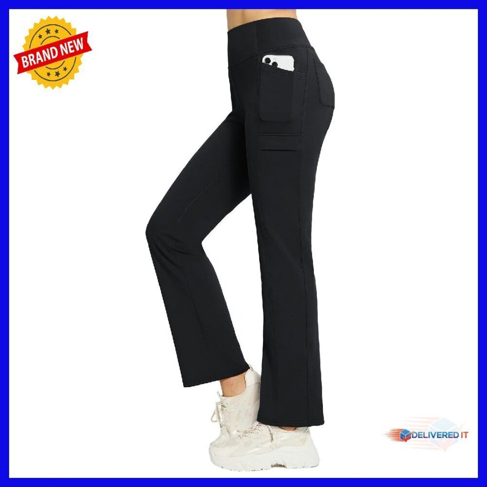 Fleece Lined High Waist Yoga Pants 6 Pockets Thermal Winter Straight Leg